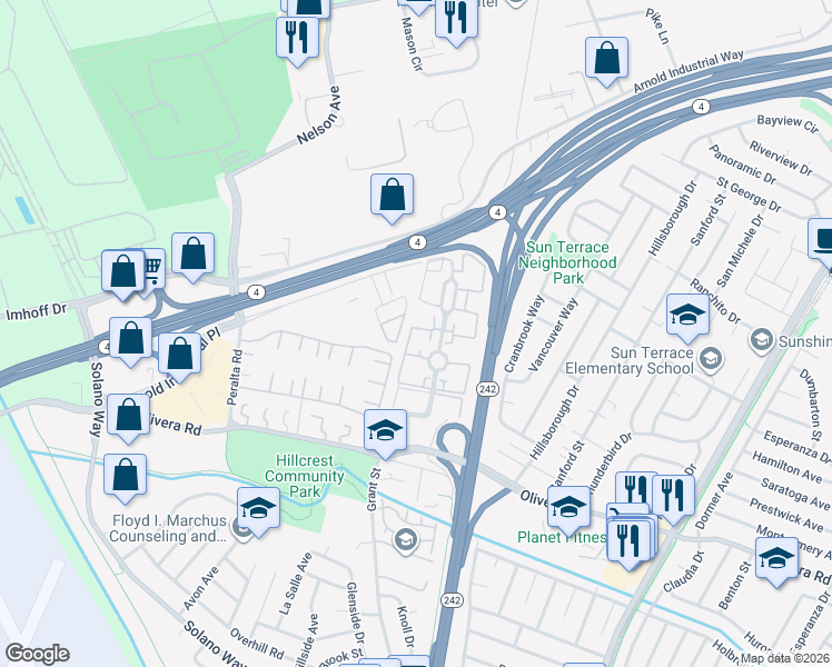 map of restaurants, bars, coffee shops, grocery stores, and more near 3530 Northwood Drive in Concord