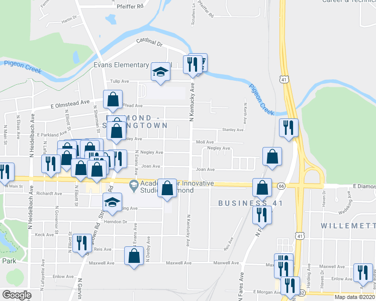 map of restaurants, bars, coffee shops, grocery stores, and more near 2500 North Kentucky Avenue in Evansville