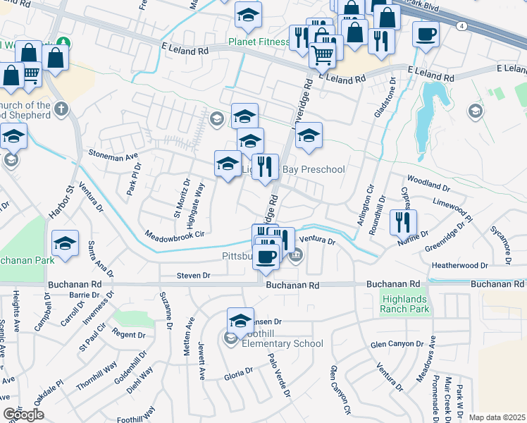 map of restaurants, bars, coffee shops, grocery stores, and more near 3057 Peppermill Circle in Pittsburg