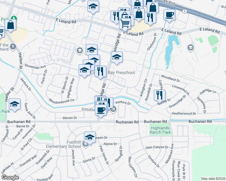 map of restaurants, bars, coffee shops, grocery stores, and more near 3039 Peppermill Circle in Pittsburg