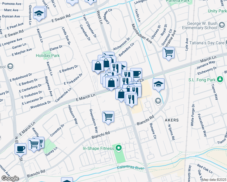 map of restaurants, bars, coffee shops, grocery stores, and more near 1130 East March Lane in Stockton