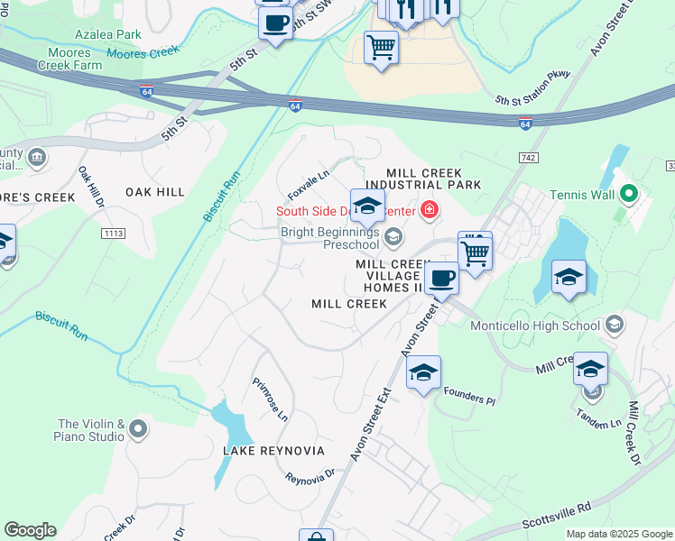 map of restaurants, bars, coffee shops, grocery stores, and more near 65 Stone Mill Court in Charlottesville