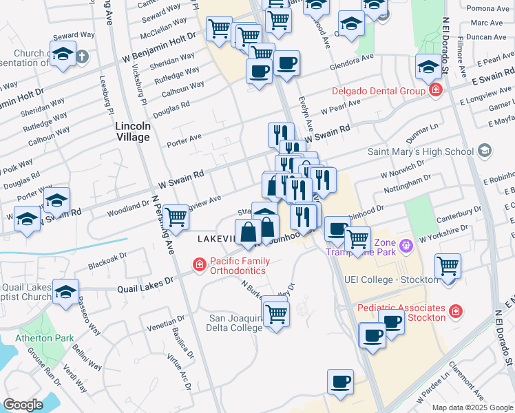 map of restaurants, bars, coffee shops, grocery stores, and more near 5630 Stratford Circle in Stockton