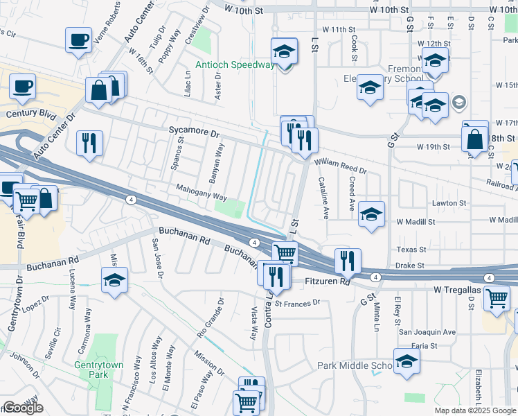 map of restaurants, bars, coffee shops, grocery stores, and more near 2404 Peppertree Court in Antioch