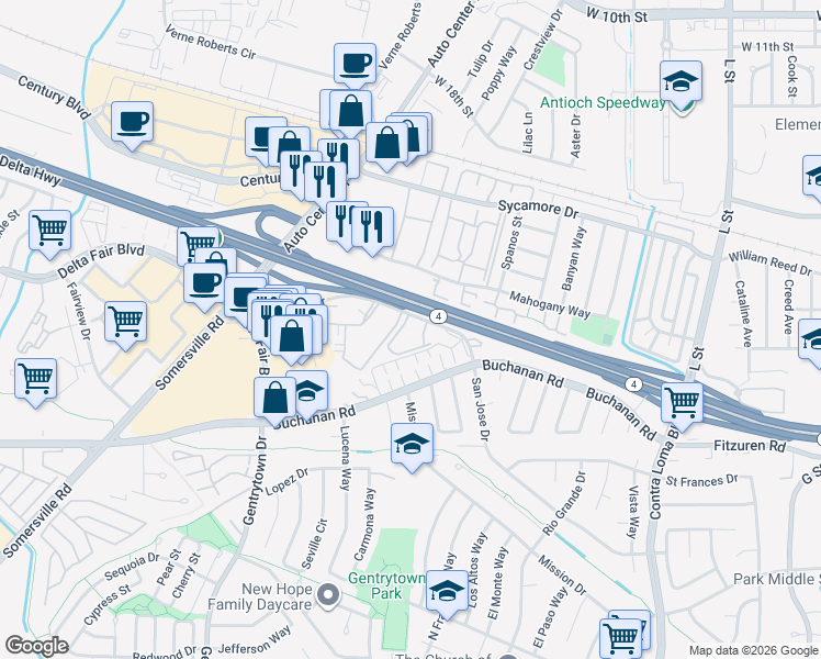 map of restaurants, bars, coffee shops, grocery stores, and more near 2005 San Jose Drive in Antioch