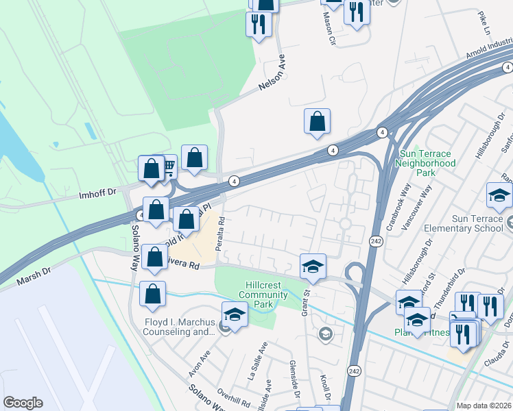 map of restaurants, bars, coffee shops, grocery stores, and more near 2331 Dalis Drive in Concord