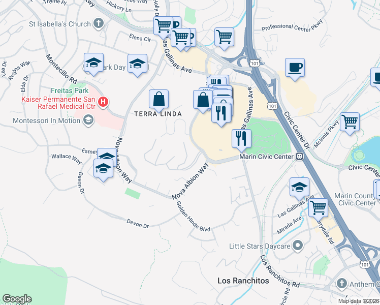 map of restaurants, bars, coffee shops, grocery stores, and more near 136 La Perdiz Court in San Rafael