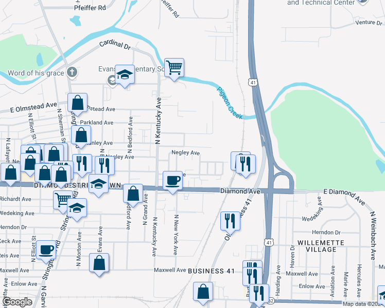 map of restaurants, bars, coffee shops, grocery stores, and more near 2423 Negley Place in Evansville