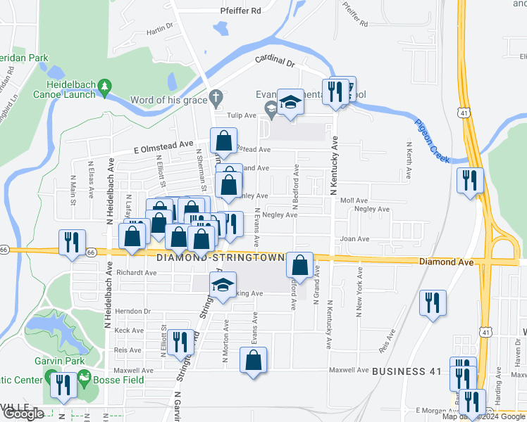 map of restaurants, bars, coffee shops, grocery stores, and more near 2462 North Evans Avenue in Evansville