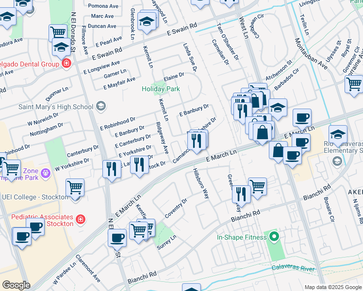 map of restaurants, bars, coffee shops, grocery stores, and more near 613 Camanche Lane in Stockton