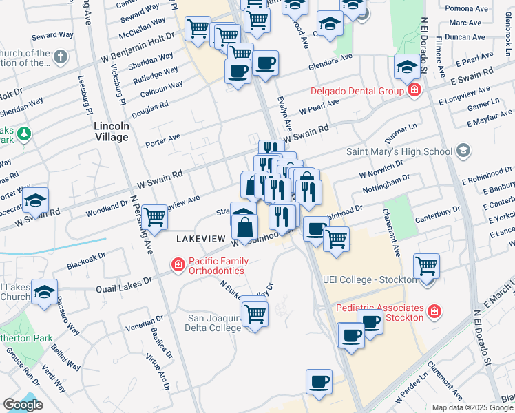 map of restaurants, bars, coffee shops, grocery stores, and more near 5757 Pacific Avenue in Stockton