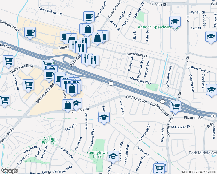 map of restaurants, bars, coffee shops, grocery stores, and more near 2005 San Jose Drive in Antioch