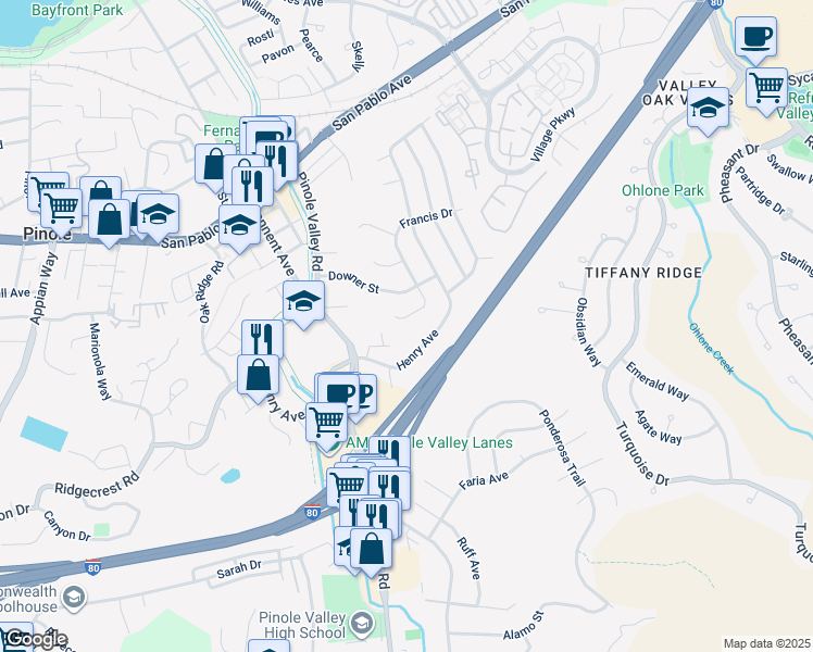 map of restaurants, bars, coffee shops, grocery stores, and more near 2543 Francis Drive in Pinole
