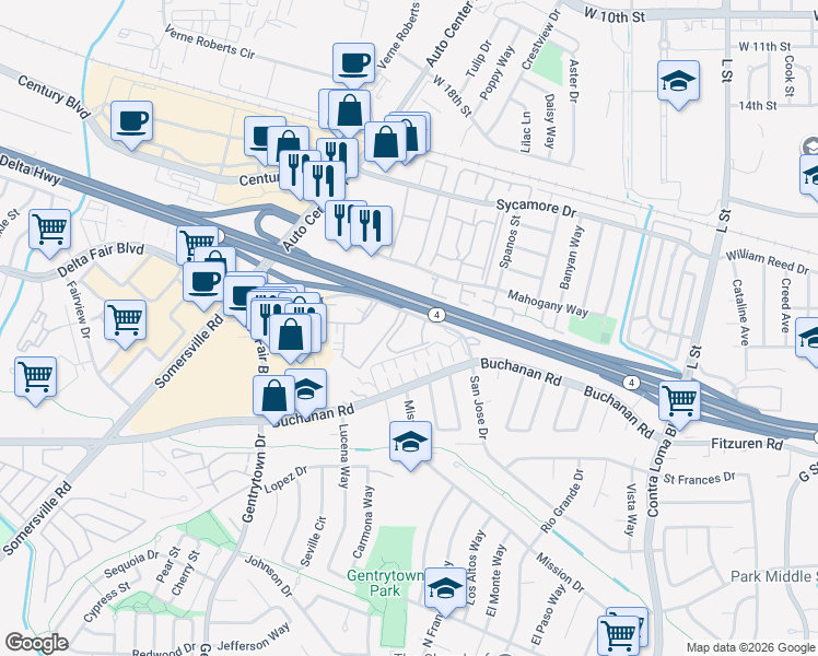 map of restaurants, bars, coffee shops, grocery stores, and more near 2005 San Jose Drive in Antioch