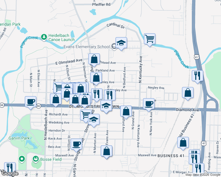 map of restaurants, bars, coffee shops, grocery stores, and more near 2462 North Evans Avenue in Evansville