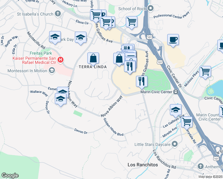 map of restaurants, bars, coffee shops, grocery stores, and more near 136 La Perdiz Court in San Rafael