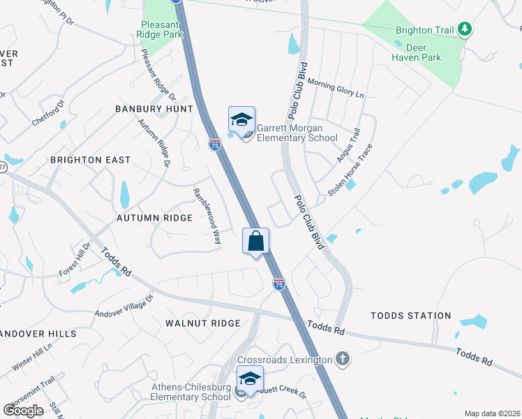 map of restaurants, bars, coffee shops, grocery stores, and more near 1120 Brick House Lane in Lexington