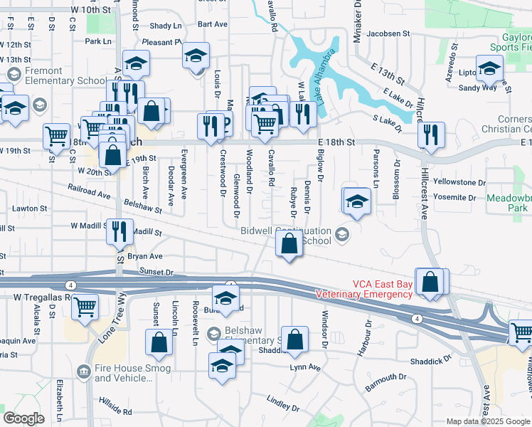 map of restaurants, bars, coffee shops, grocery stores, and more near 2004 Cavallo Road in Antioch
