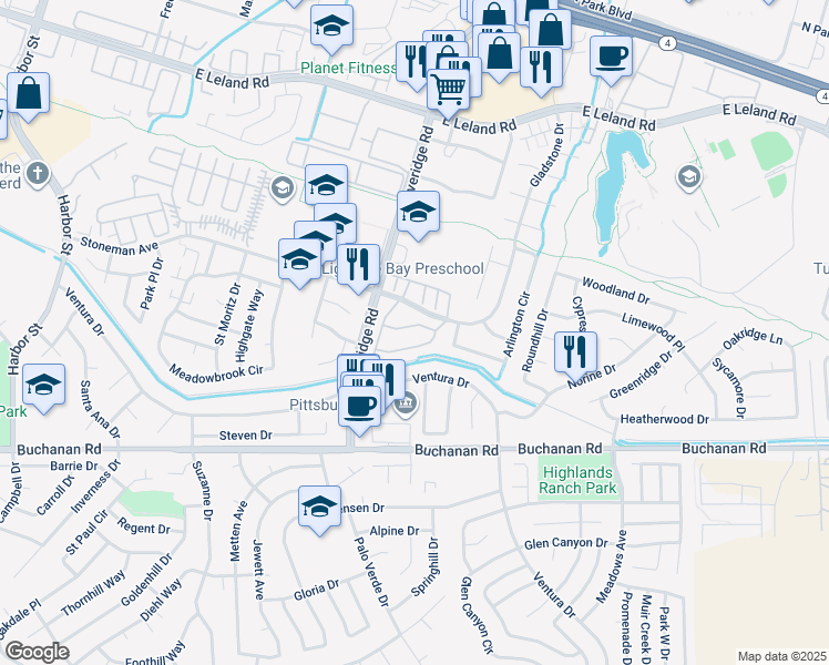 map of restaurants, bars, coffee shops, grocery stores, and more near 128 Peppermill Lane in Pittsburg