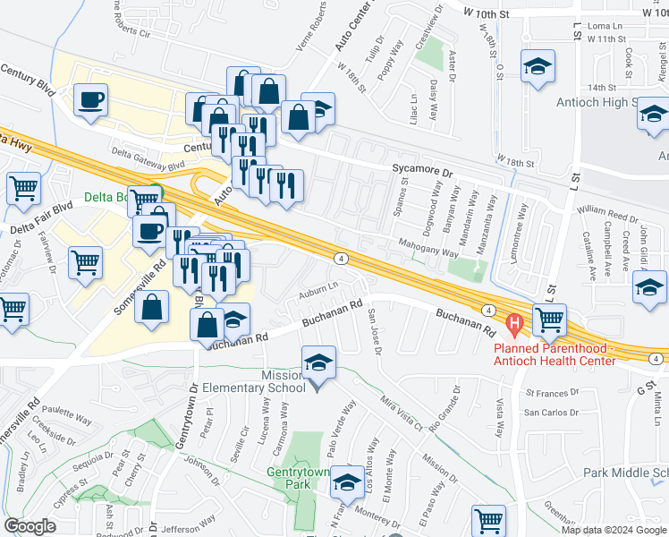 map of restaurants, bars, coffee shops, grocery stores, and more near 2005 San Jose Drive in Antioch