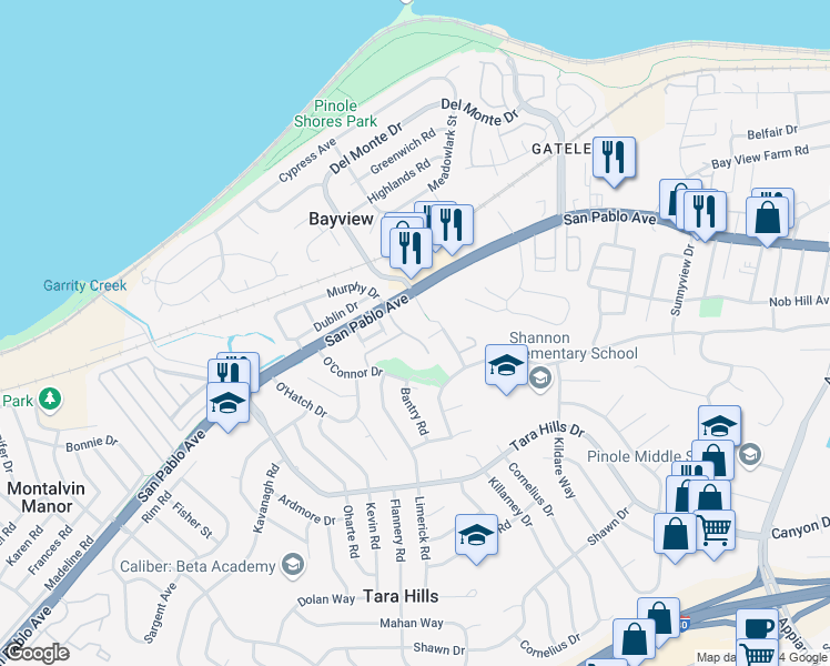 map of restaurants, bars, coffee shops, grocery stores, and more near 511 Dursey Drive in Pinole