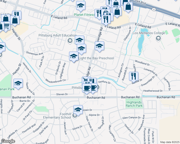 map of restaurants, bars, coffee shops, grocery stores, and more near 3075 Peppermill Circle in Pittsburg