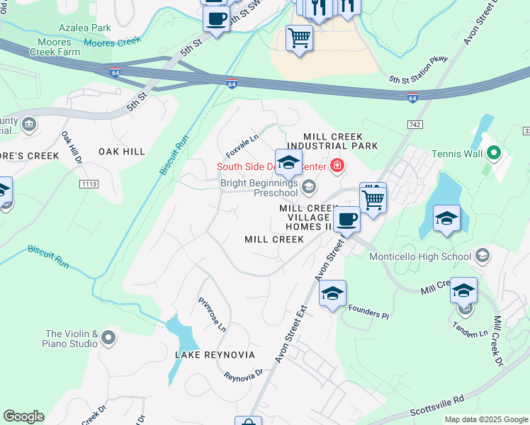 map of restaurants, bars, coffee shops, grocery stores, and more near 65 Stone Mill Court in Charlottesville