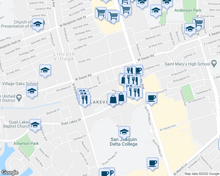 map of restaurants, bars, coffee shops, grocery stores, and more near 1141 Stratford Circle in Stockton