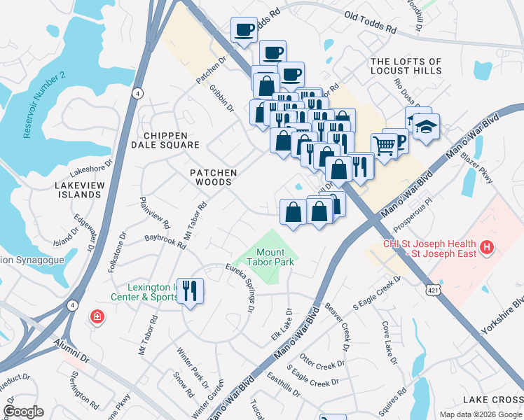 map of restaurants, bars, coffee shops, grocery stores, and more near 432 Patchen Drive in Lexington