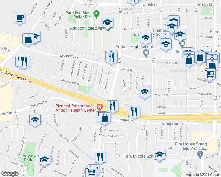 map of restaurants, bars, coffee shops, grocery stores, and more near 2312 L Street in Antioch