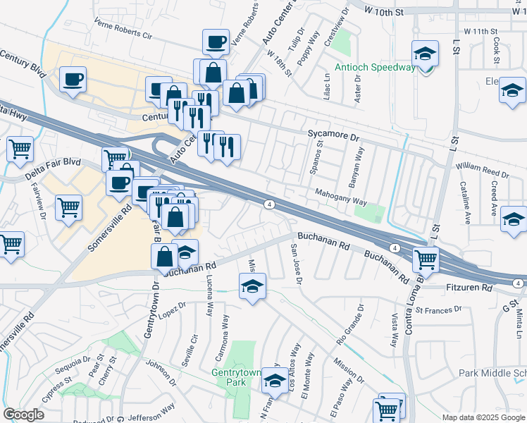map of restaurants, bars, coffee shops, grocery stores, and more near 2005 San Jose Drive in Antioch