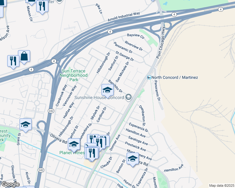map of restaurants, bars, coffee shops, grocery stores, and more near 2448 Floyd Lane in Concord