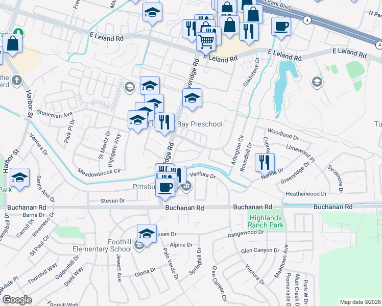 map of restaurants, bars, coffee shops, grocery stores, and more near 126 Peppermill Lane in Pittsburg