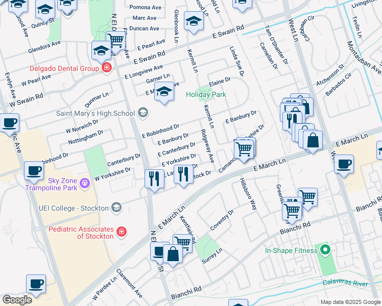 map of restaurants, bars, coffee shops, grocery stores, and more near 337 East Lancaster Drive in Stockton