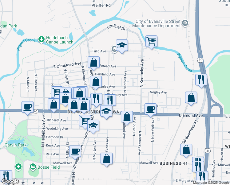 map of restaurants, bars, coffee shops, grocery stores, and more near 829 Negley Avenue in Evansville