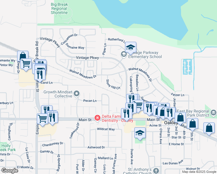 map of restaurants, bars, coffee shops, grocery stores, and more near 337 Stony Hill Circle in Oakley
