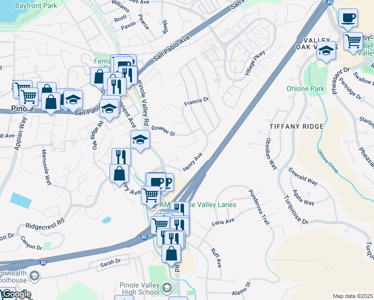 map of restaurants, bars, coffee shops, grocery stores, and more near 2543 Francis Drive in Pinole