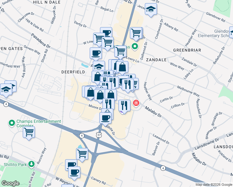 map of restaurants, bars, coffee shops, grocery stores, and more near 2553 Larkin Road in Lexington