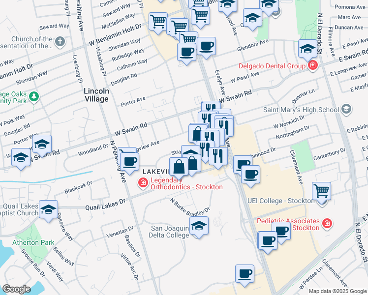 map of restaurants, bars, coffee shops, grocery stores, and more near 5650 Stratford Circle in Stockton