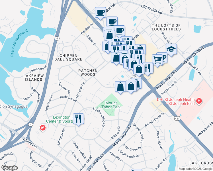 map of restaurants, bars, coffee shops, grocery stores, and more near 432 Patchen Drive in Lexington