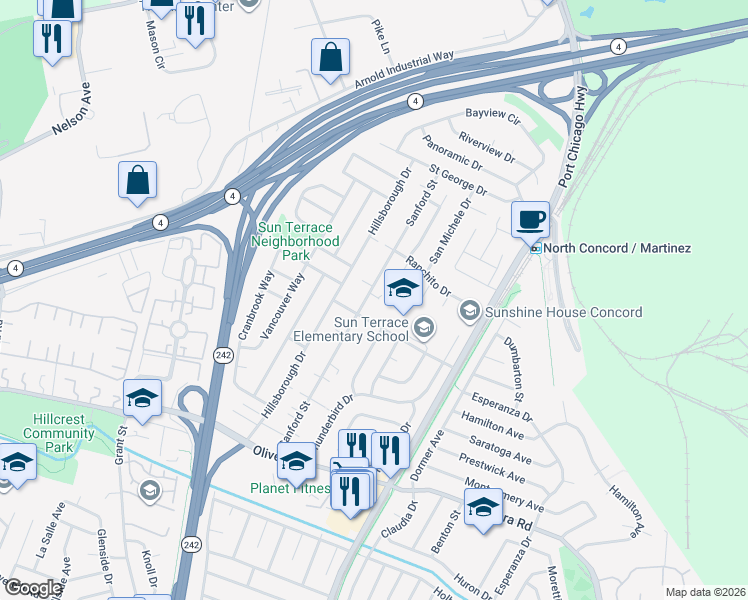 map of restaurants, bars, coffee shops, grocery stores, and more near 3617 Sanford Street in Concord
