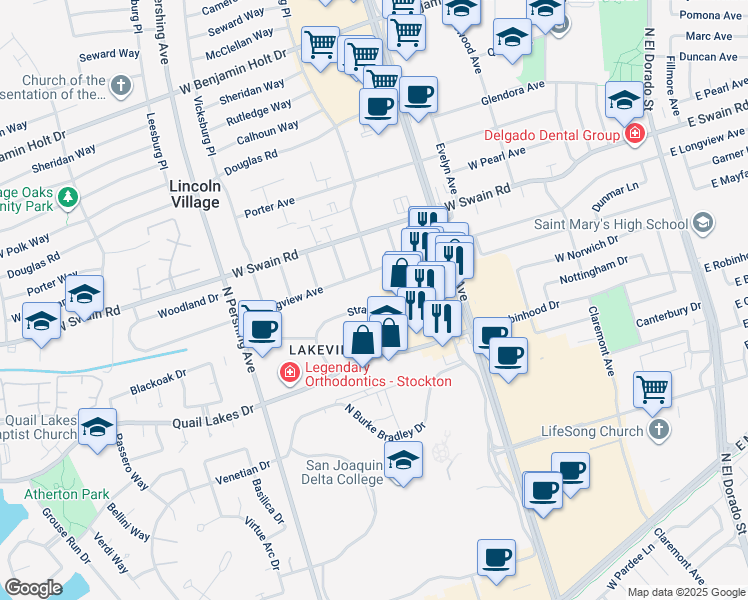 map of restaurants, bars, coffee shops, grocery stores, and more near 5630 Stratford Circle in Stockton