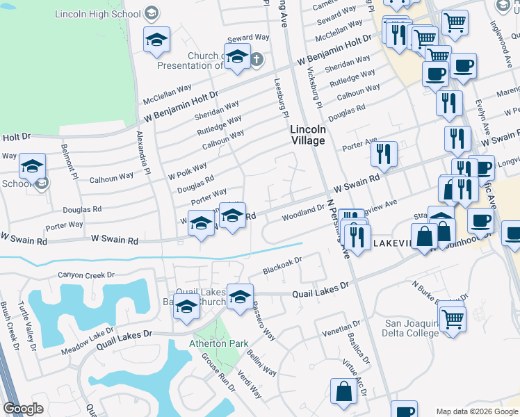 map of restaurants, bars, coffee shops, grocery stores, and more near 6008 Harrisburg Place in Stockton