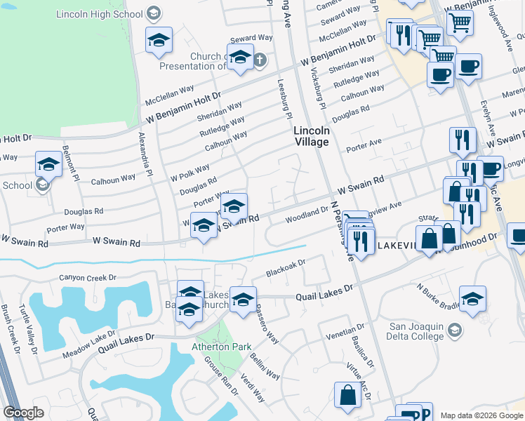 map of restaurants, bars, coffee shops, grocery stores, and more near 6008 Harrisburg Place in Stockton