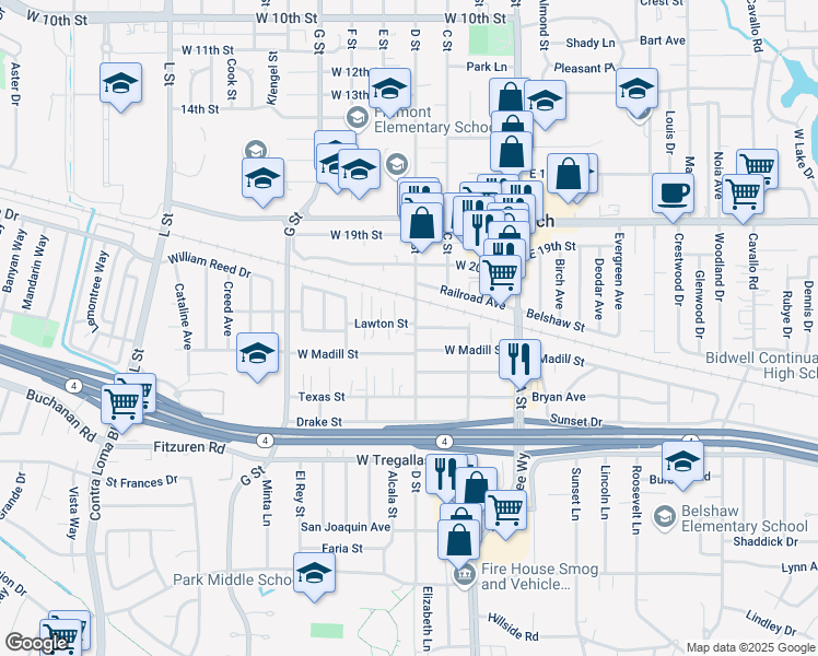 map of restaurants, bars, coffee shops, grocery stores, and more near 306 West Madill Street in Antioch