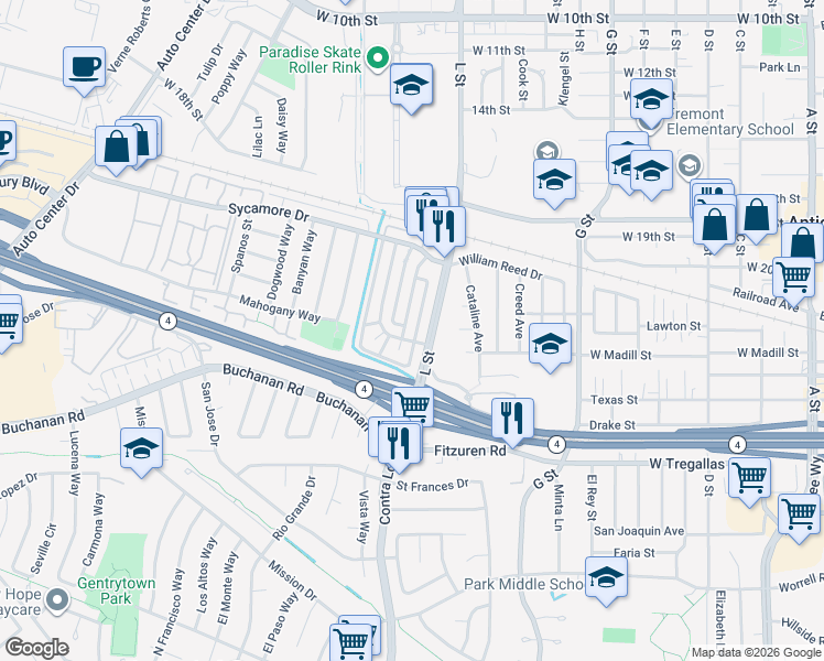 map of restaurants, bars, coffee shops, grocery stores, and more near 2400 L Street in Antioch