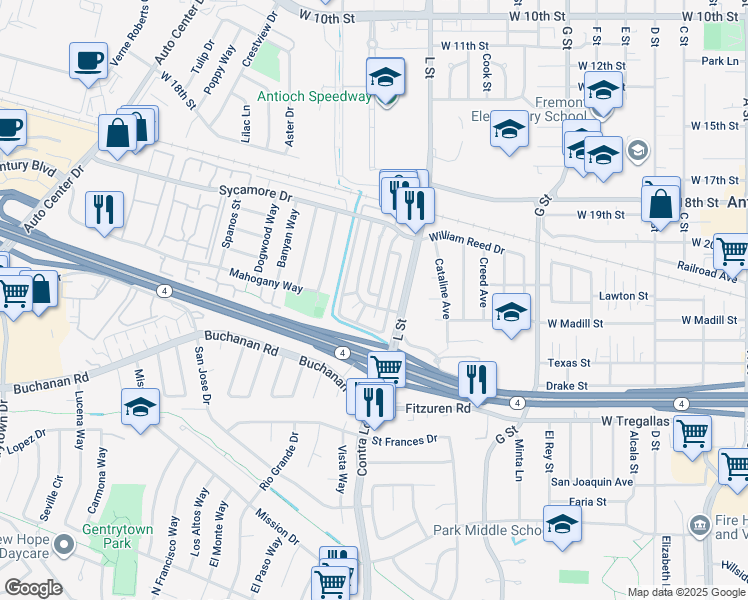map of restaurants, bars, coffee shops, grocery stores, and more near 2404 Peppertree Court in Antioch