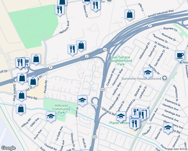 map of restaurants, bars, coffee shops, grocery stores, and more near 3530 Northwood Drive in Concord