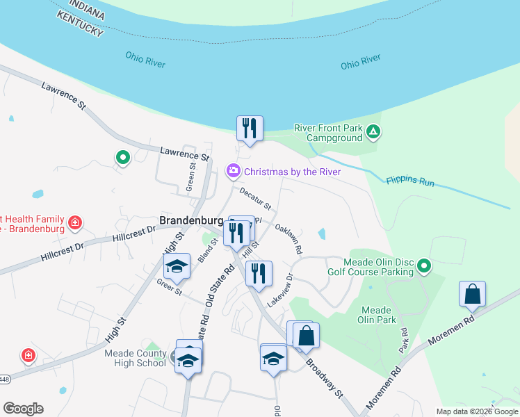 map of restaurants, bars, coffee shops, grocery stores, and more near 319 Oaklawn Road in Brandenburg