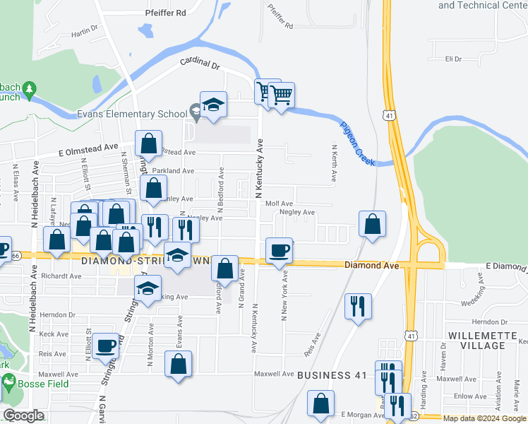 map of restaurants, bars, coffee shops, grocery stores, and more near 2466 North Kentucky Avenue in Evansville